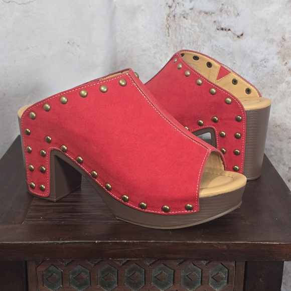 Cato Shoes - New Red Peep Toe Mules Clogs with Chunky Heel Stud Details Suede Feel Size 8